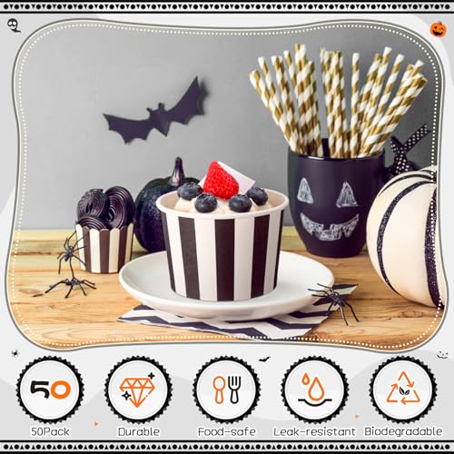 50 Pack 9 oz Black and White Stripe Paper Bowls for Parties & Events - Disposables