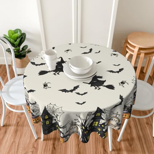Halloween Round Tablecloth 60 Inch Witch Spiderweb Pumpkin Design Water-Resistant Decor