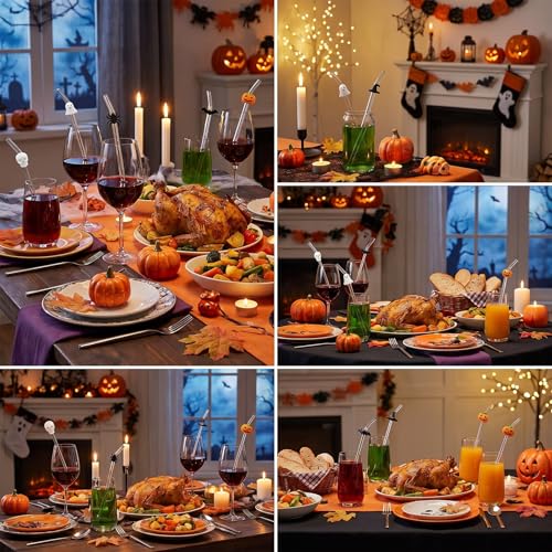 Halloween Reusable Glass Drinking Straws - Spider Ghost Pumpkin Bat Design, 6 Pack