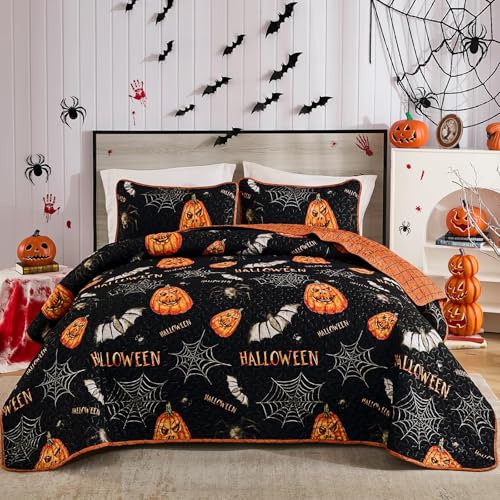 Halloween Queen Quilt Set - Pumpkin & Bat Festive Bedspread Coverlet - Variation of THIS listing