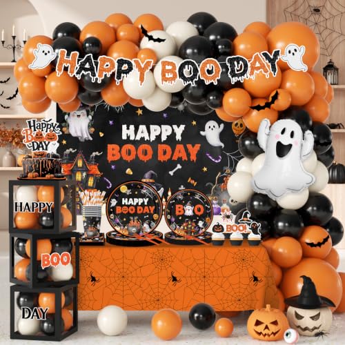 Halloween Birthday Party Decorations Kit with Banner Balloons Plates Napkins - Happy Boo Day Variation