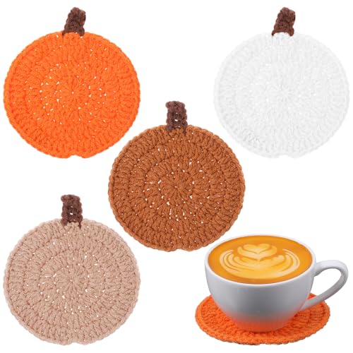 Fall Pumpkin Crochet Coasters Set of 4 - Autumn Harvest Holiday Decor