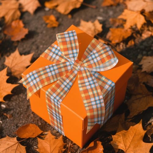 Fall Pumpkin Ribbons Set - Wired Edge Orange Buffalo Plaid Burlap for Gift Wrapping & Decorations - Style 5 Plaid Pumpkin