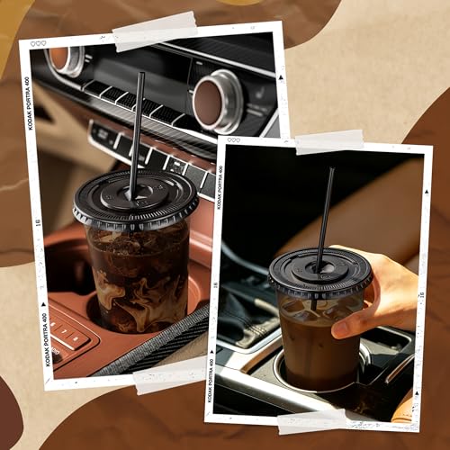 tchrules 100 Set 18oz Black Disposable Plastic Cups with Lids & Straws - Variation of Black / 18oz / 100