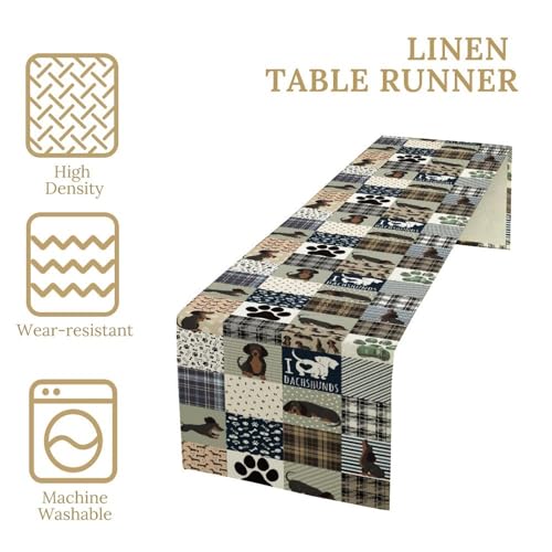 Dachshund Pattern Table Runner - Grey & Blue-Brown Plaid Dog Decor, 13x36in
