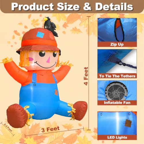 4FT Fall Thanksgiving Inflatable with LED Lights - Scarecrow & Crow Decoration