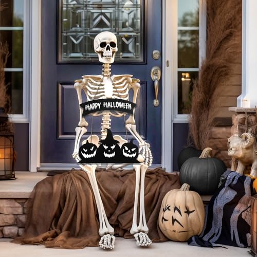 Halloween Pumpkin Wooden Door Sign Set - Happy Halloween Decor for Front Door