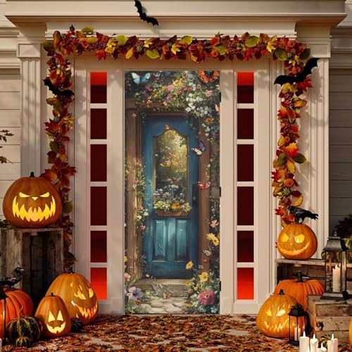 Spring Flower Wood Door Cover - Stretch Fabric Porch Decoration 35x79 in - Spring Flowers Variation