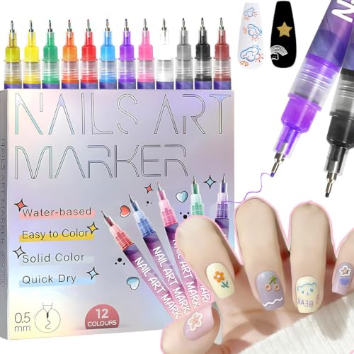 12pcs Fine Tip Nail Art Pen Set - Water-Based Quick-Dry Non-Toxic for Beginners
