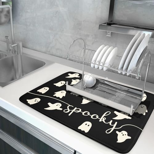 Halloween Ghost Dish Drying Mat 18x24 Inch Reversible Microfiber Kitchen Counter Protector