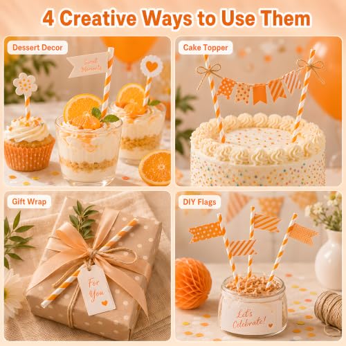 Orange Striped Paper Drinking Straws - Halloween & Party Decor - 100 Pack