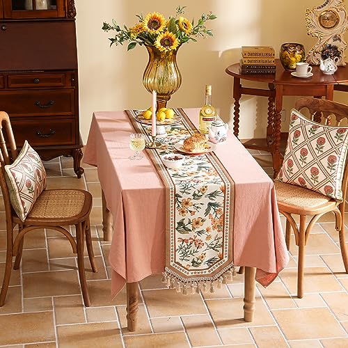 French Linen Small Table Runner - Anthea 12" x 63" Elegant Floral Design