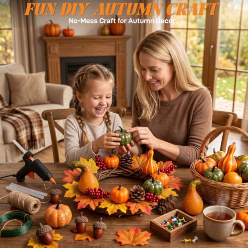 Artificial Fall Pumpkin Decor Set with Leaves, Acorns & Berries - 57pcs