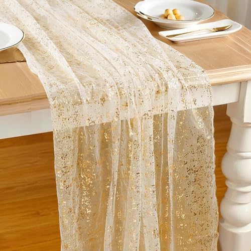 Gold Glitter Chiffon Table Runner 10Ft Sequin Gauze Party Decoration - Gold