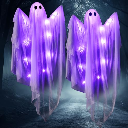 Purple 47-Inch Light-Up Hanging Ghost Decorations - Halloween Outdoor Yard Decor Set of 2