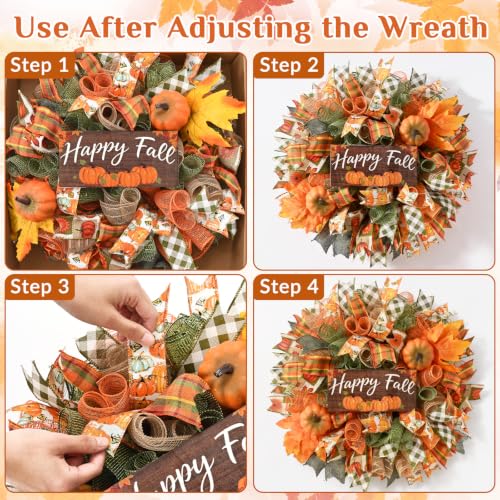 Fall Wreath for Front Door - 20 Inch Mesh Bow with Wooden 'Happy Fall' Sign - Orange Green Variation