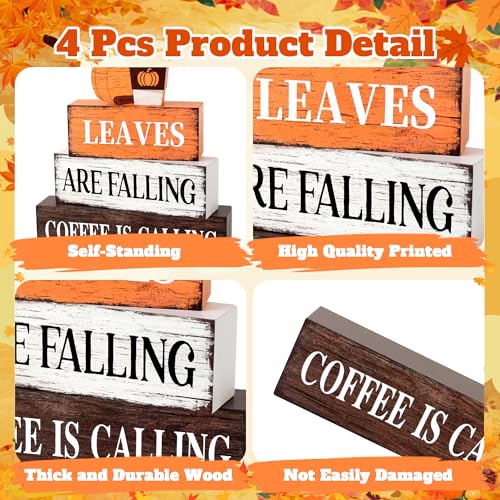 Fall Wooden Decor Set - Leaves Falling and Coffee Is Calling - Rustic Autumn Table Decorations