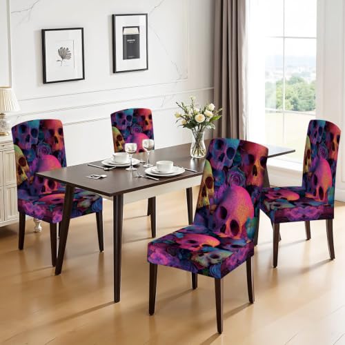 Set of 4 Colorful Skull Chair Covers Neon Gothic Halloween Decor - Variation #59