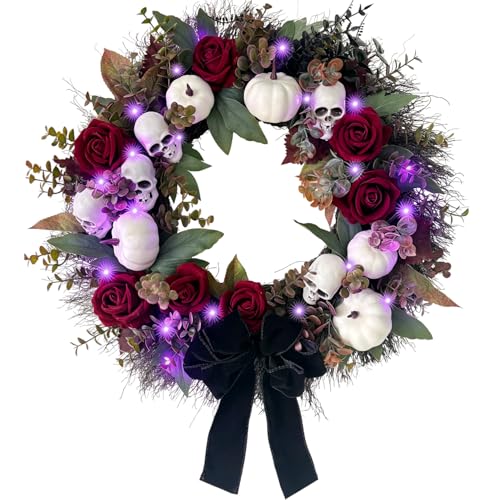 Gothic Halloween Wreath with Purple Lights - 20 Inch Front Door Decor
