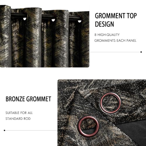 Black and Gold Velvet Curtains for Living Room - 52W x 96L, Pack of 2, Grommet Top