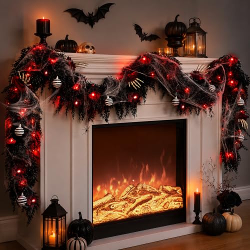 Black 9FT Prelit Halloween Garland with Lights, Skeleton Hand Roses & Web - Variation of THIS listing