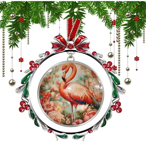 Flamingo in Floral Christmas Tree Ornament - Holiday Glass Decoration with Crystal Accents