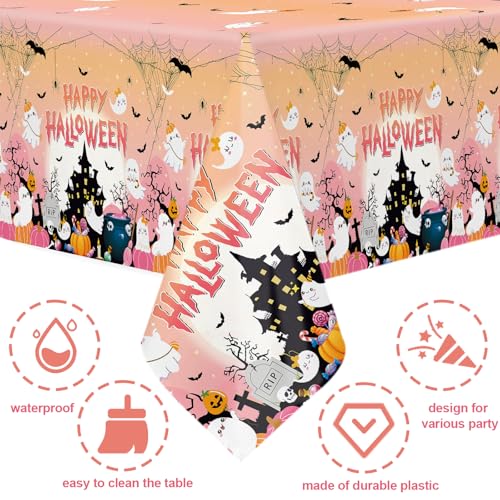 Pink Halloween Tablecloth Set - 3 Disposable 108x54 Inch Ghost Pumpkin Bats