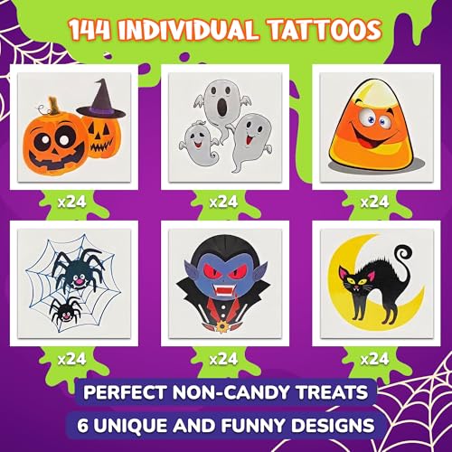 Halloween Temporary Tattoos for Kids - Pack of 144 - Regular Variation, 6 Assorted Designs