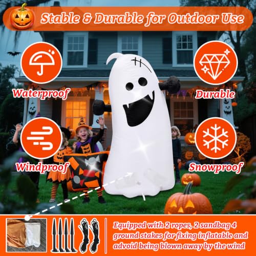 4FT Ghost Outdoor Halloween Inflatable Decoration - Spooky Ghost Blow Up with Stakes & Ropes