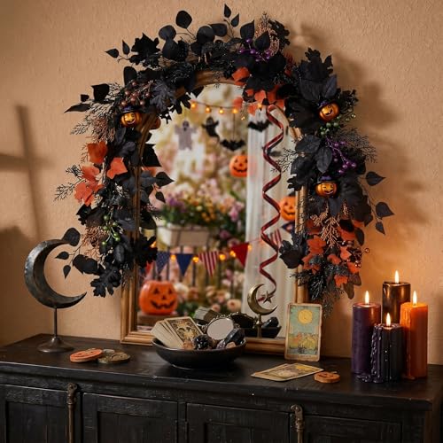 Halloween Garland with Lights and Pumpkins - 6ft Fall Decor for Mantle and Doorway