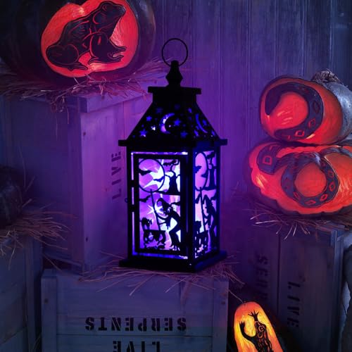 Halloween Indoor & Outdoor Lantern with Witch, Bat & Cat Variation - 14.9" Spooky Candle Decor with 82" LED Lights