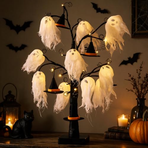 Halloween Indoor Decor with Ghost and Witch Hat Light - Spooky Tabletop Centerpiece