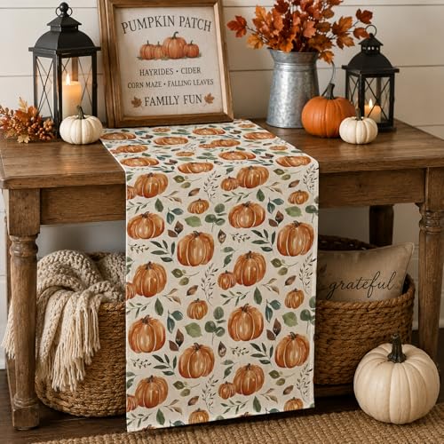 Pumpkin Table Runner with Roses Leaves Fall Seasonal Autumn Kitchen Decor 13x72 Inch