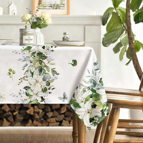 Spring Summer Eucalyptus Table Cloth 60x120 Inch Rectangular White - Durable Polyester