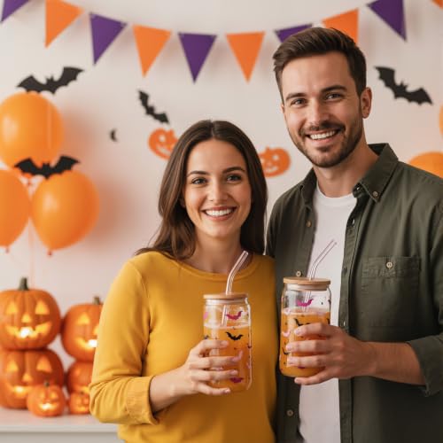 16 oz Halloween Bat Glass Cup with Lid & Straw - Cute Spooky Drinkware