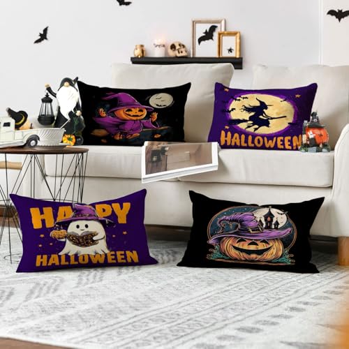 20 x 12 Inch Halloween Pillow Covers Set of 4 Pumpkin Ghost Witches Cushion Cases - Black Purple