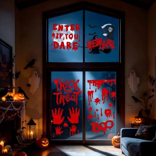 Halloween Gel Window Clings Set - Bloody Handprint & Grim Reaper Variation