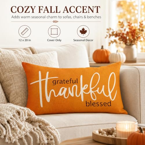 Thanksgiving Thankful Rectangle Lumbar Throw Pillow Cover - Orange, 12x20, Farmhouse Decor