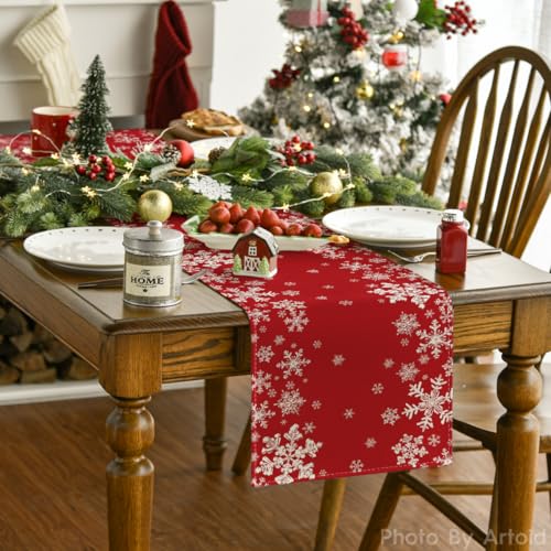 Snowflake Winter Table Runner 13x72 Inch Home Decor - Red Variation