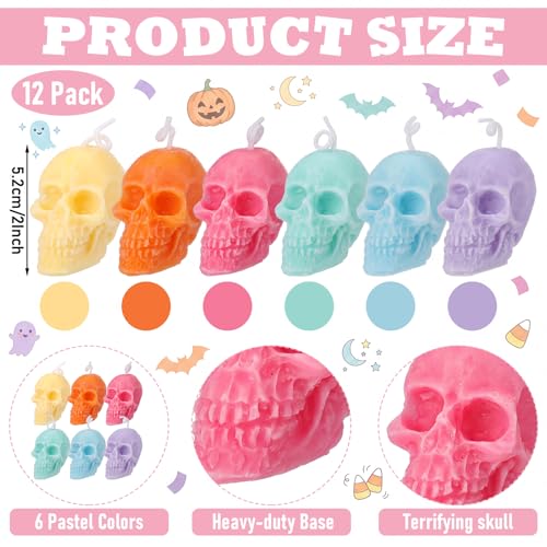 Pastel Skull Candles Set - Gothic Halloween Decor, Unscented Wax, 12 Pieces