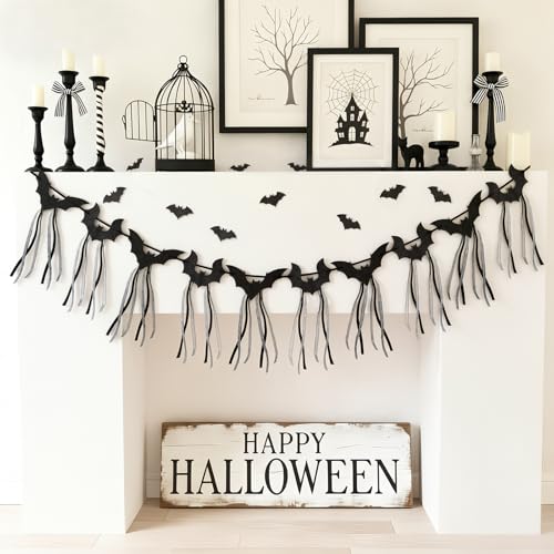 Halloween Bat Garland Set with Ribbons - Black Flying Bat Banners for Decorations