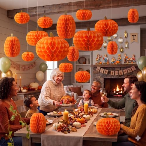 Fall Pumpkin Honeycomb Hanging Decorations Set - 30 Pieces for Thanksgiving & Harvest Party - Variation of THIS Listing