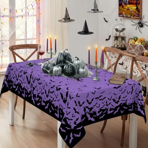 Halloween Rectangle Tablecloth 60 x 84 Inches with Spiderweb and Bat Design - Purple