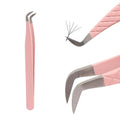 Lash Tweezers For Eyelash Extensions Fiber Tip Lash Tweezers Pink Straight/Curved Tweezer(Pink,X07)