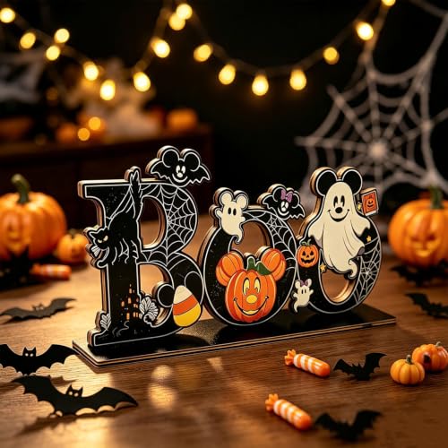 Halloween Wooden BOO Table Centerpiece - Spooky Spiders & Ghosts Decor