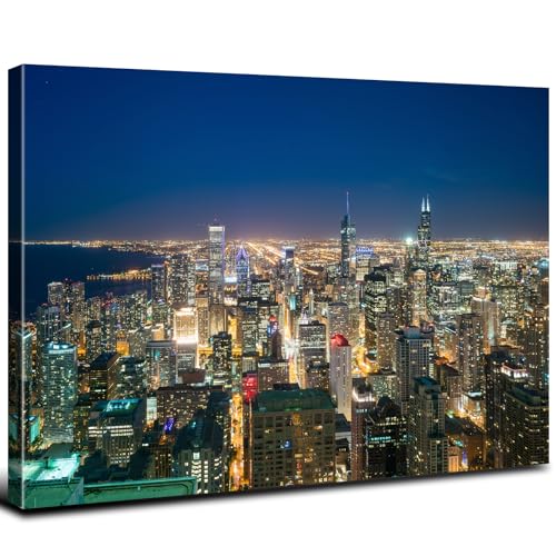 Chicago Skyline Wall Art Canvas - Night View Panorama for Office & Home 48"L x 32"W - Variation of Nightview02