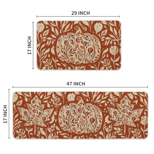 Orange Fall Kitchen Mats Set of 2 - 17x29 & 17x47 Non-Slip Decor