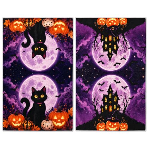 Halloween Kitchen Towels Set of 2 - Microfiber Spooky Cat Pumpkin Design - Halloween Variation