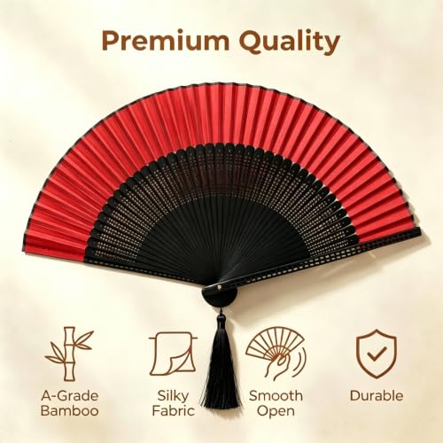 Medium Handheld Fan for Women Vintage Bamboo Silk Redblack - Elegant Dance & Party Accessory