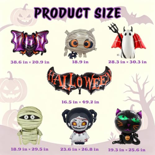 Halloween Balloons Pack with Bat Mummy Ghost Cat & Horror Doll Foil Balloons - Indoor Outdoor Decorations